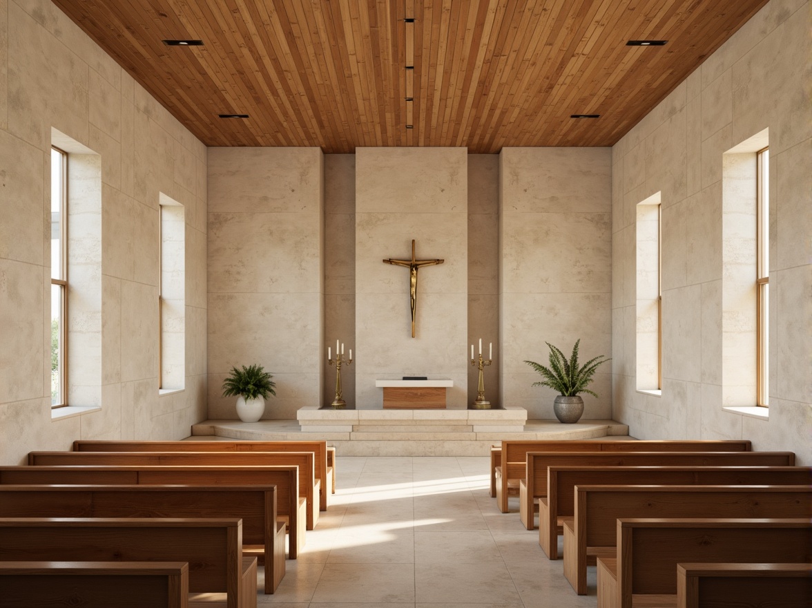 Prompt: Minimalist church interior, natural stone walls, wooden pews, simple altar, subtle lighting, high ceilings, open spaces, calming atmosphere, soft warm colors, minimal ornamentation, elegant lines, rectangular shapes, functional design, ample natural light, serene ambiance, peaceful environment, 1/1 composition, soft focus, realistic textures.