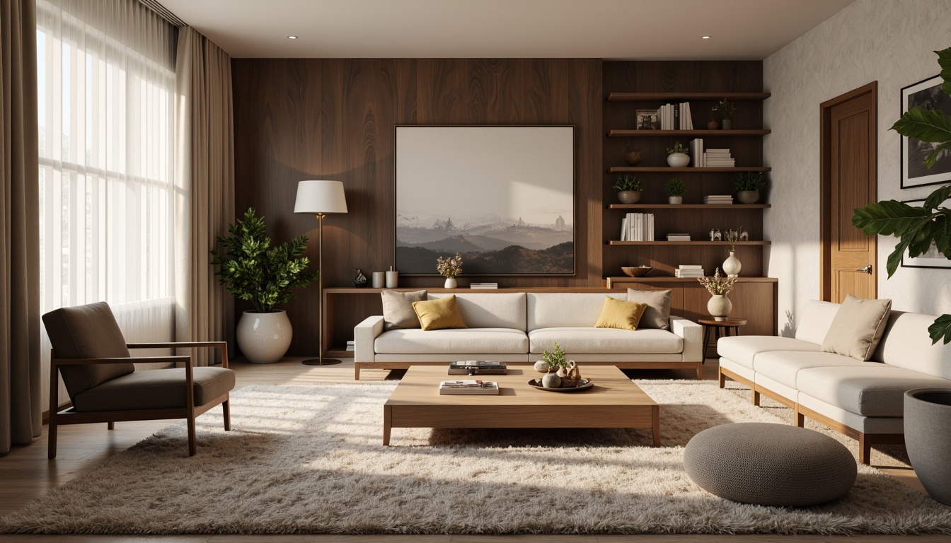 Prompt: Cozy living room, minimalist furniture, plush carpets, comfortable sofas, wooden coffee tables, floor lamps, natural textiles, calming color palette, ample storage solutions, functional shelving units, ergonomic chairs, acoustic soundproofing, soft warm lighting, 1/1 composition, shallow depth of field, realistic textures, ambient occlusion.