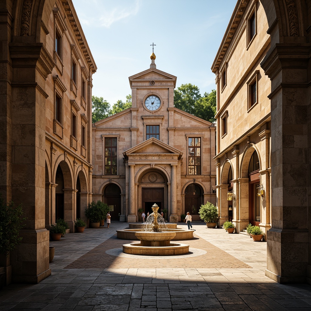 Prompt: Grand Italian piazza, ornate fountain, majestic cathedral, rustic stone walls, weathered arches, carved columns, ornamental capitals, Tuscan-inspired fa\u00e7ade, rough-hewn stone pavement, aged bronze door handles, intricate stone carvings, warm golden lighting, high-contrast shadows, dramatic depth of field, 2/3 composition, symmetrical architecture, classic Renaissance style, richly textured stonework, ambient occlusion.