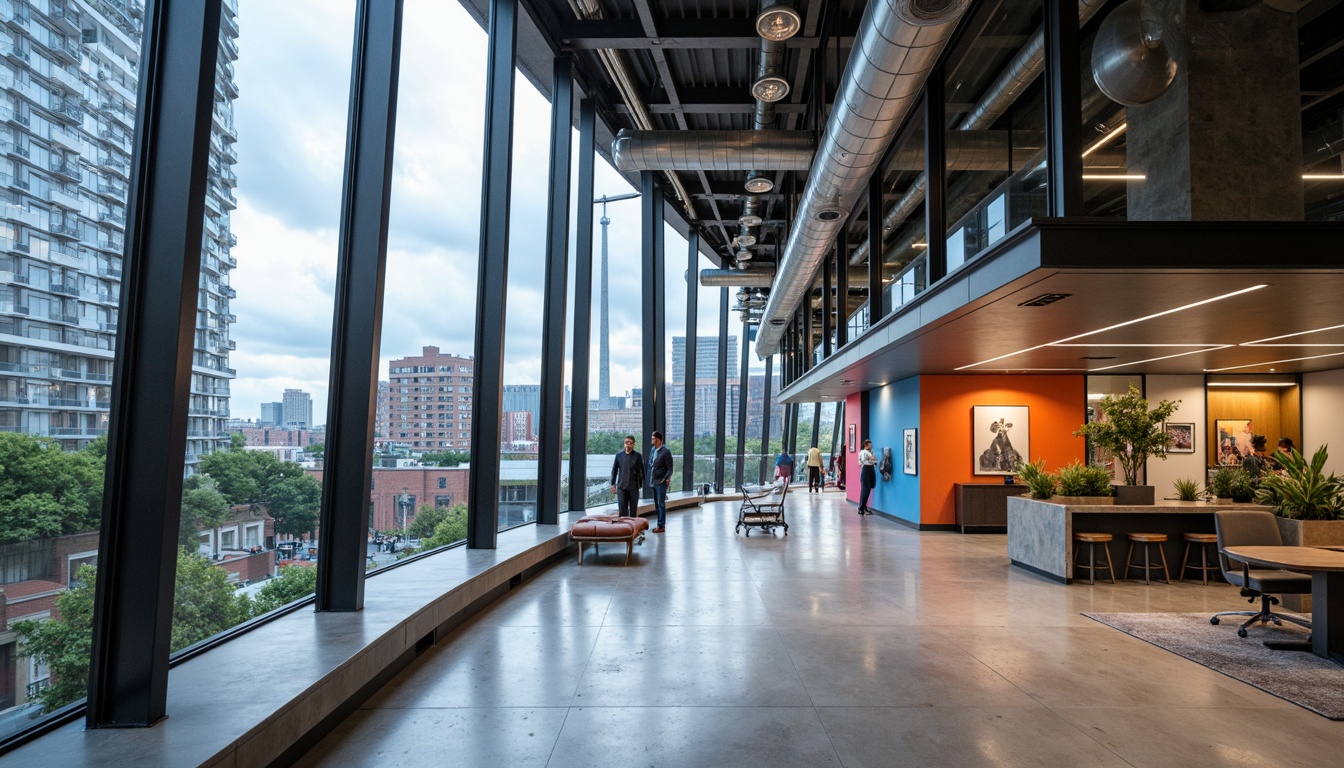 Prompt: Modern office building, sleek glass fa\u00e7ade, angular steel framework, cantilevered floors, exposed ductwork, industrial chic aesthetic, polished concrete floors, minimalist interior design, natural light pouring in, open floor plan, collaborative workspaces, ergonomic furniture, vibrant accent walls, urban cityscape views, cloudy day with soft diffused lighting, 1/1 composition, high contrast ratio, realistic materials, ambient occlusion.