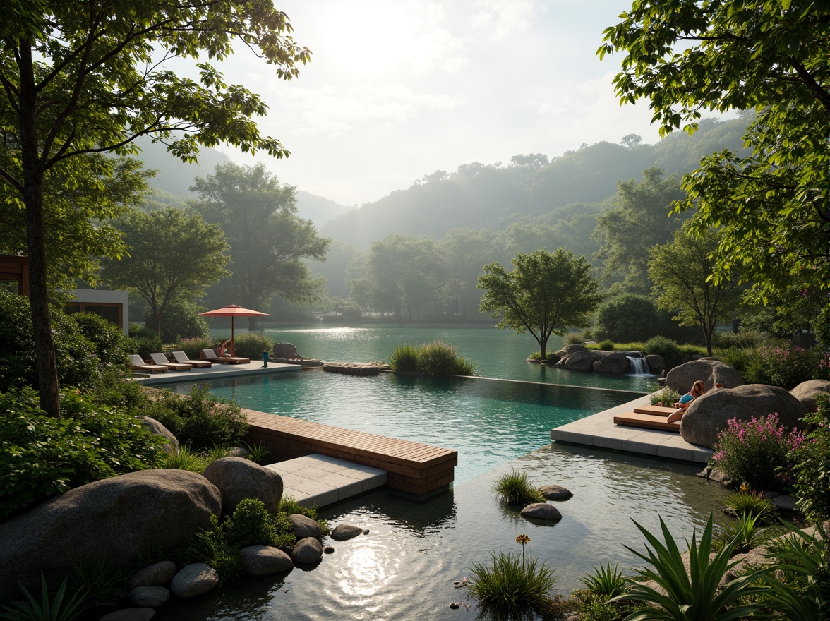 Prompt: Serene natural surroundings, lush greenery, tranquil water features, infinity pools blending with landscape, rocky edges, waterfall cascades, tropical plants, wooden decks, stone pathways, soft warm lighting, misty morning atmosphere, shallow depth of field, 3/4 composition, panoramic view, realistic textures, ambient occlusion.