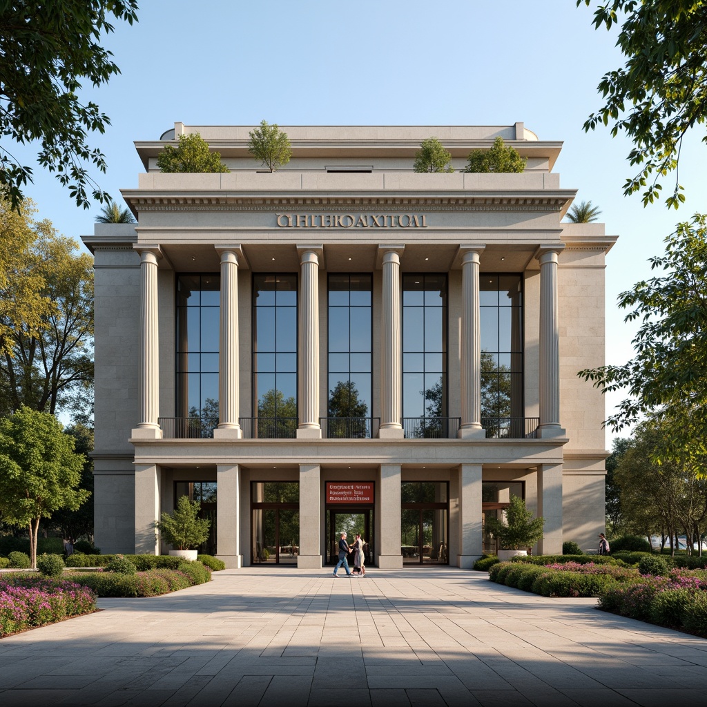 Prompt: Grandiose science center facade, neoclassical architecture, imposing columns, ornate detailing, limestone walls, large windows, glass atriums, modern LED lighting, educational signage, blooming gardens, mature trees, sunny day, soft natural light, shallow depth of field, 3/4 composition, panoramic view, realistic textures, ambient occlusion.