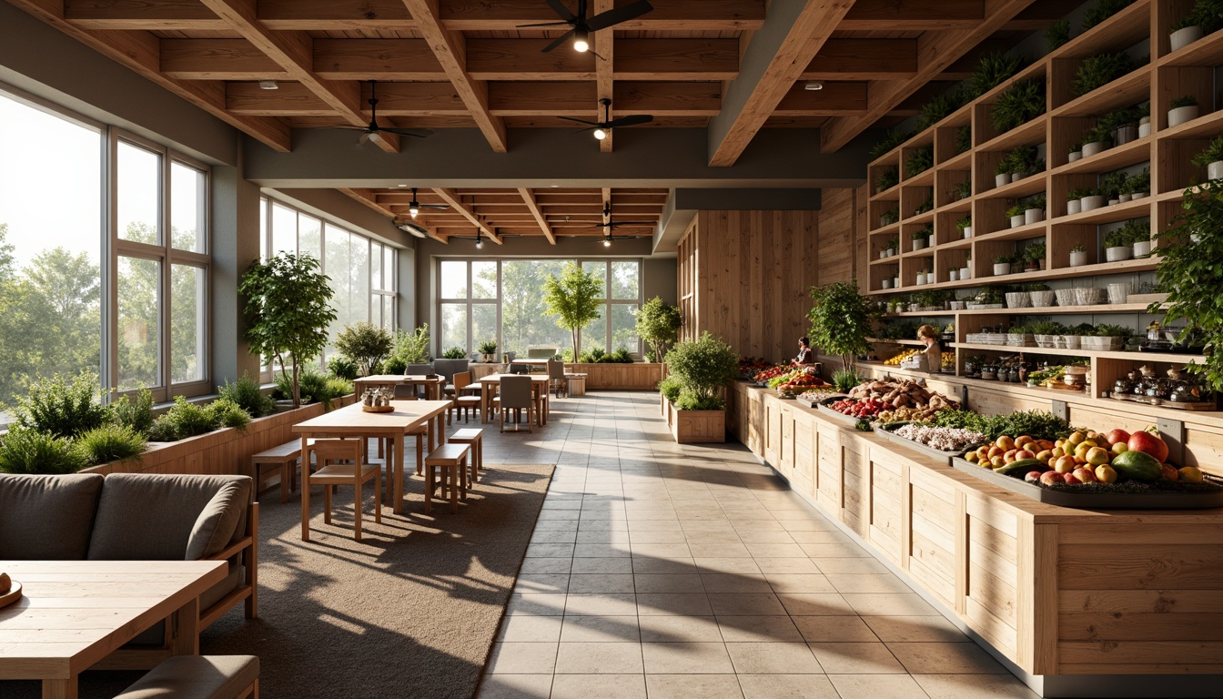 Prompt: Cozy social housing, grocery store interior, natural wood accents, warm lighting, open shelving, fresh produce displays, community seating areas, kitchen islands, earthy color palette, ceramic tile flooring, minimal ornamentation, functional layout, efficient storage solutions, ample natural light, soft background music, 1/1 composition, realistic textures, subtle ambient occlusion.