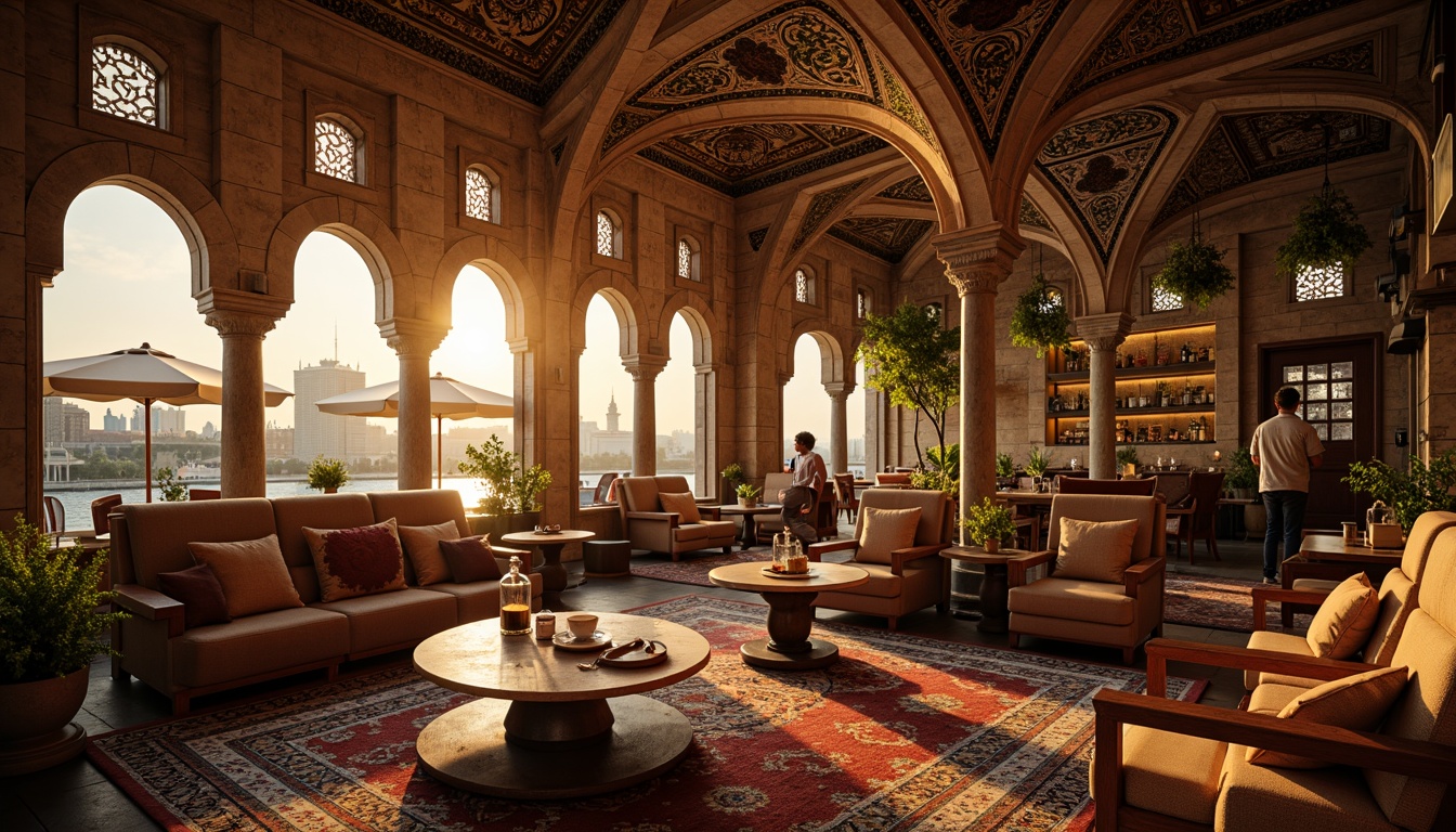 Prompt: Cozy coffee shop, Byzantine-inspired arches, warm golden lighting, intricate mosaics, ornate columns, richly patterned textiles, lavish furnishings, ornamental metalwork, rustic stone walls, wooden accents, aromatic coffee scents, bustling atmosphere, shallow depth of field, 1/1 composition, warm color palette, soft focus, atmospheric rendering, detailed textures.