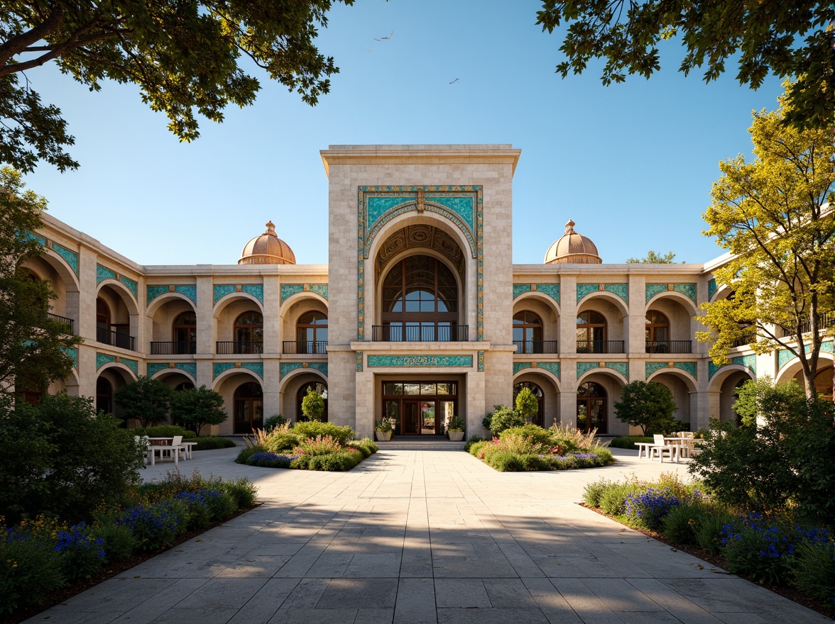 Prompt: Grand high school entrance, imposing stone arches, intricate Byzantine-inspired patterns, vibrant turquoise mosaics, ornate golden accents, majestic dome structures, sprawling courtyard, lush greenery, ancient tree branches, warm afternoon sunlight, soft shadows, 3/4 composition, shallow depth of field, panoramic view, realistic textures, ambient occlusion.