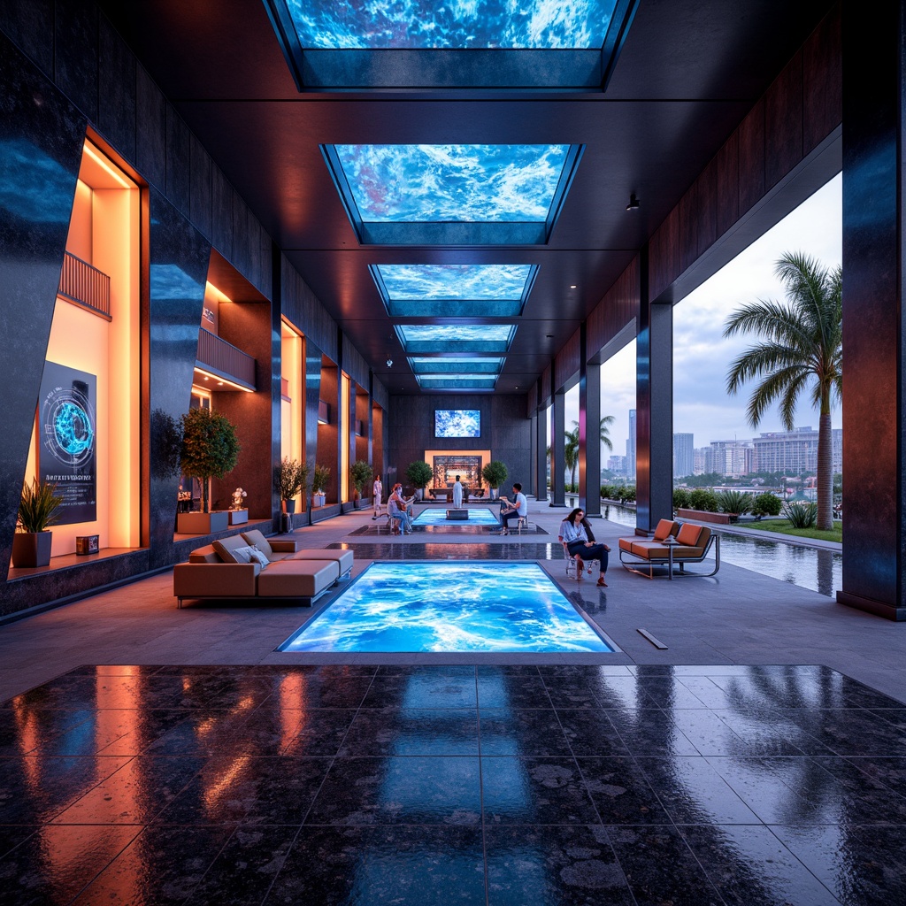 Prompt: Futuristic interior design, granite flooring, sleek metal accents, modern minimalist furniture, angular geometric shapes, vibrant neon lighting, holographic displays, advanced technology integrations, luxurious ambiance, high-gloss finishes, polished chrome details, futuristic textures, ambient occlusion, realistic reflections, shallow depth of field, 3/4 composition, panoramic view.