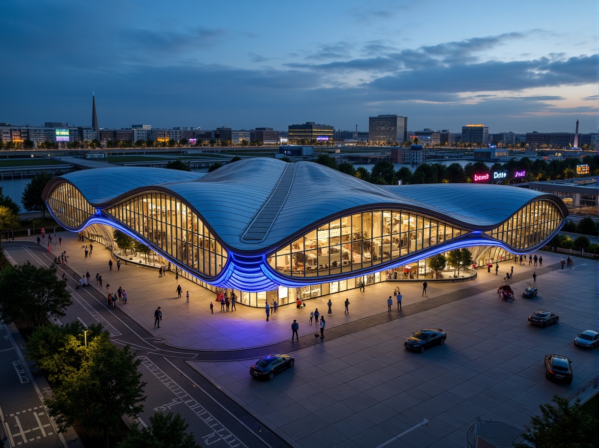 Prompt: Futuristic airport terminal, aerodynamic curves, cantilevered roofs, gleaming metal cladding, large glass fa\u00e7ades, LED lighting systems, dynamic parametric design, modular structures, sustainable materials, wind-resistant architecture, urban landscape, busy transportation hub, vibrant neon signs, bustling atmosphere, shallow depth of field, 3/4 composition, panoramic view, realistic textures, ambient occlusion.