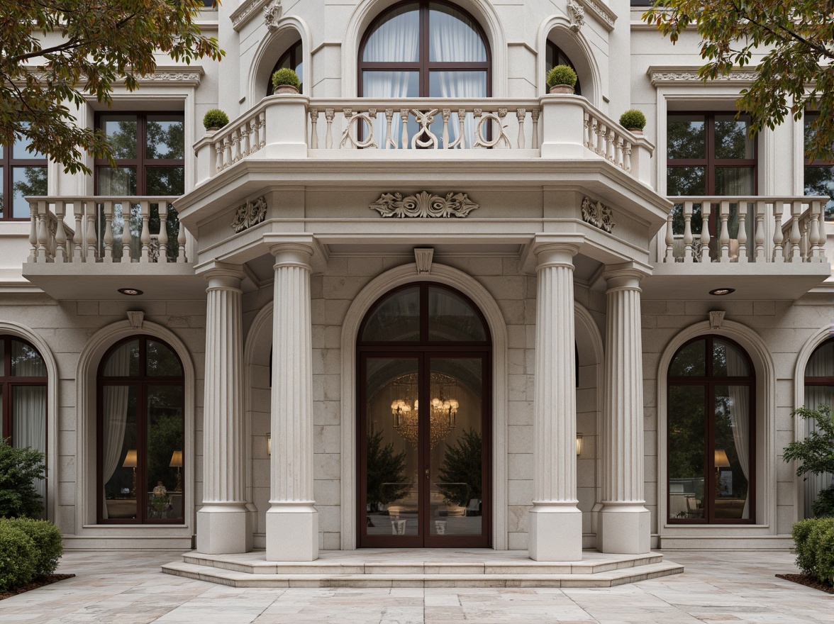 Prompt: Grandiose neoclassical facade, ornate columns, intricately carved details, symmetrical composition, majestic entrance, arched windows, rusticated base, polished marble floors, stately balconies, decorative cornices, elegant moldings, subtle color palette, soft natural light, shallow depth of field, 1/1 composition, realistic textures, ambient occlusion.