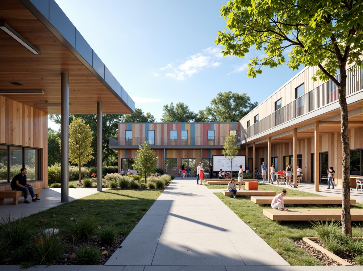 Prompt: Modern middle school building, modular classroom design, vibrant color schemes, flexible learning spaces, collaborative workstations, interactive whiteboards, comfortable seating areas, natural light pouring in, wooden accents, open floor plans, sleek metal structures, geometric patterns, minimalist decor, eco-friendly materials, energy-efficient systems, shaded outdoor courtyards, lush greenery, sunny day, soft warm lighting, shallow depth of field, 3/4 composition, realistic textures, ambient occlusion.