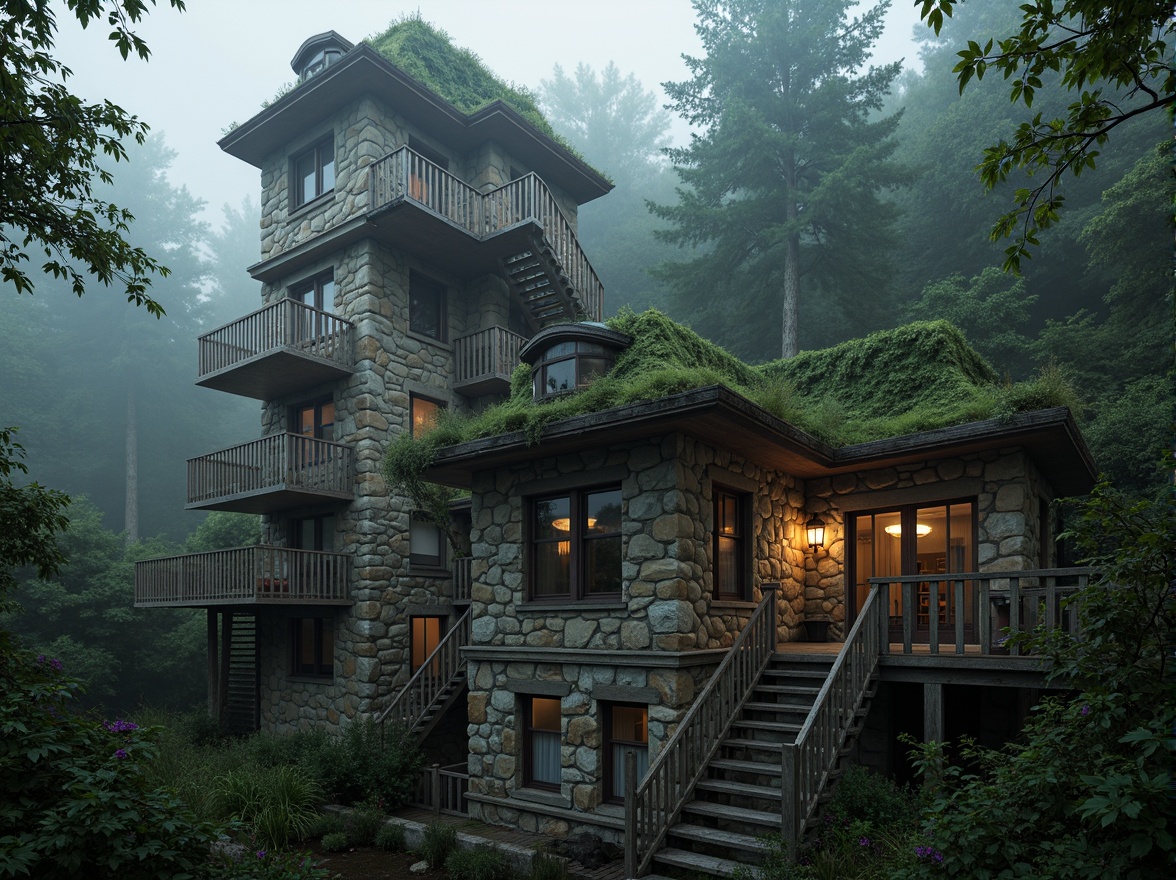 Prompt: Rustic watchtower, rugged stone walls, wooden lookout decks, winding staircases, lantern-style lighting, misty morning atmosphere, dense foliage surroundings, overgrown vines, moss-covered roofs, earthy tones, natural textures, serene ambiance, soft warm light, shallow depth of field, 1/2 composition, realistic render, ambient occlusion.