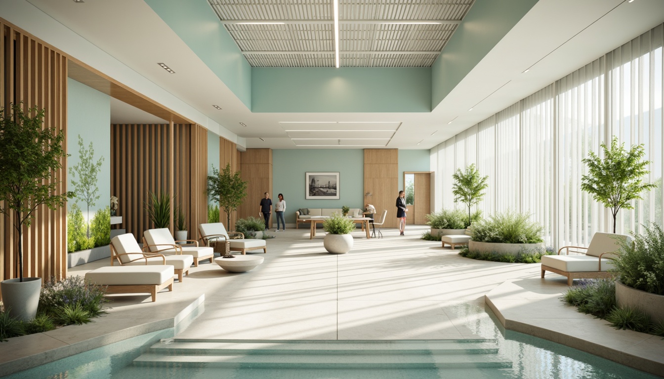 Prompt: Calming healthcare facility, soothing color scheme, gentle pastel hues, soft blues, pale greens, creamy whites, warm beige tones, natural wood accents, calming ambient lighting, diffused sunlight, serene atmosphere, minimalist decor, subtle textures, peaceful artwork, botanical elements, flourishing plants, tranquil water features, shallow depth of field, 1/1 composition, realistic rendering.