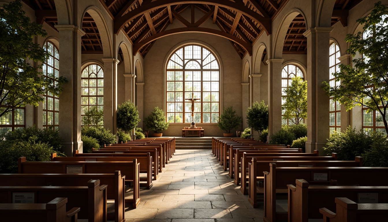 Prompt: Serenely lit chapel, stained glass windows, vaulted ceilings, ornate wooden pews, intricately carved stone columns, lush greenery surroundings, natural stone pathways, gentle water features, soft warm lighting, shallow depth of field, 3/4 composition, panoramic view, realistic textures, ambient occlusion, earthy color palette, organic shapes, seamless transitions, harmonious proportions, sacred ambiance, peaceful atmosphere.