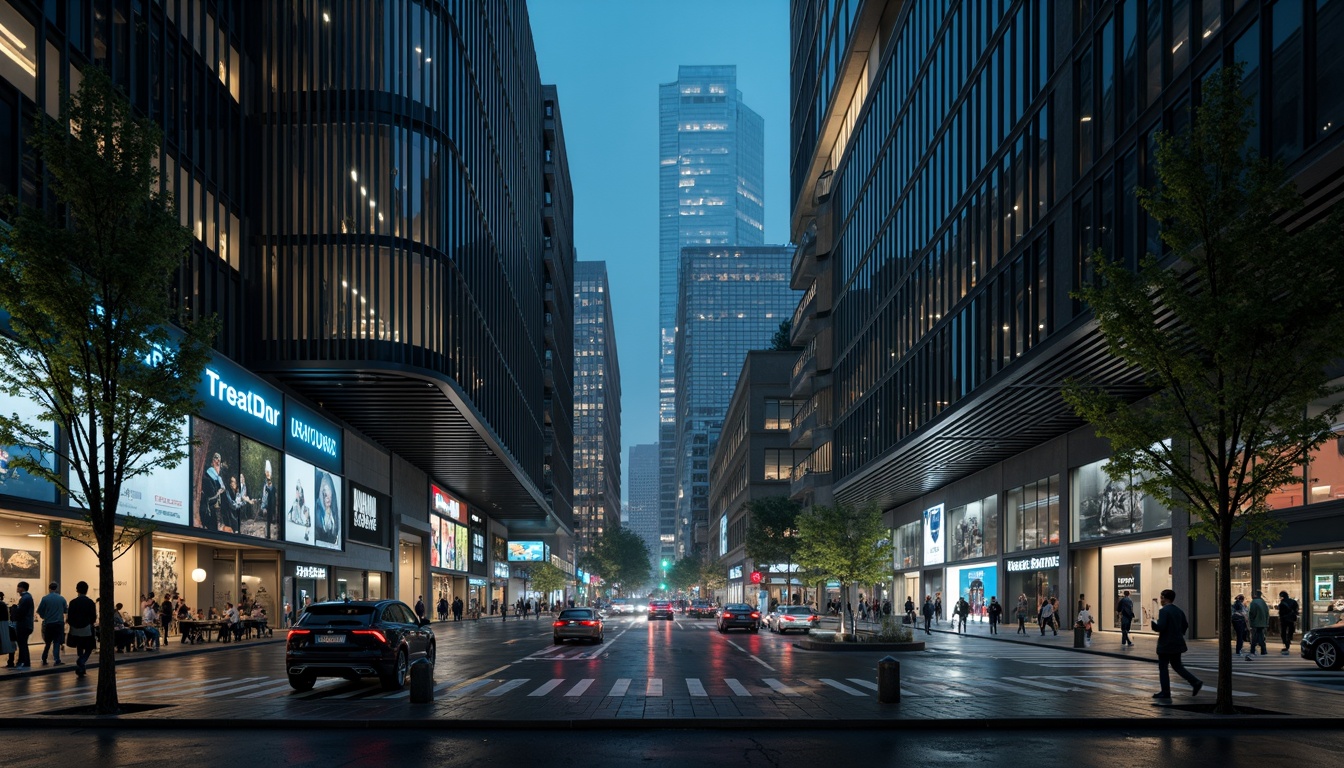 Prompt: Futuristic cityscape, sleek skyscrapers, angular lines, metallic accents, neon lights, glossy surfaces, granite facades, high-tech gadgets, holographic advertisements, robotic pedestrians, levitating transportation, urban jungle, cyberpunk atmosphere, rainy night scene, misty fog, dramatic spotlighting, cinematic composition, realistic reflections, ambient occlusion.