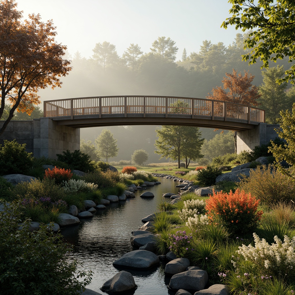 Prompt: Rustic pedestrian bridge, meandering watercourse, lush greenery, vibrant flowers, natural stone piers, wooden railings, modern architecture, curved lines, steel cables, suspension design, misty morning, soft warm lighting, shallow depth of field, 3/4 composition, panoramic view, realistic textures, ambient occlusion.