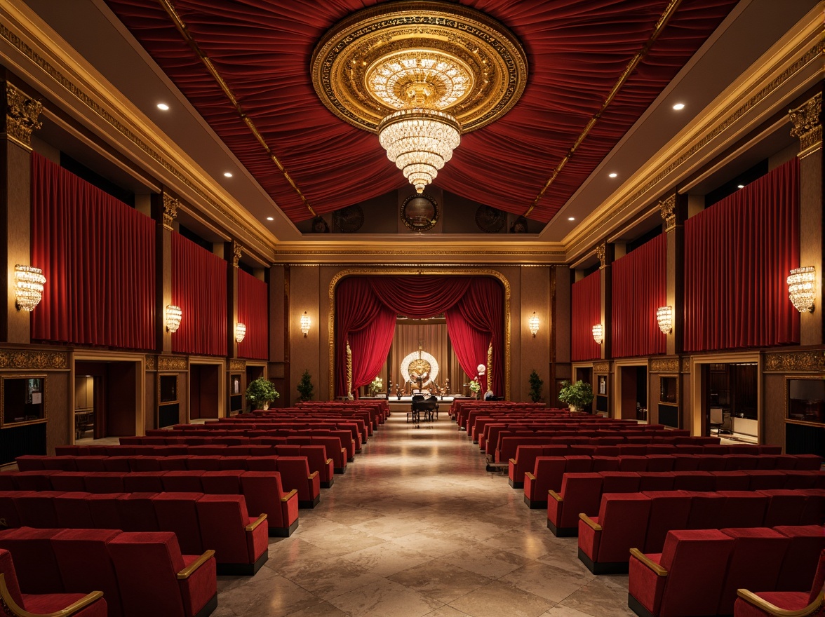 Prompt: Elegant concert house, luxurious velvet curtains, rich wood paneling, polished marble floors, ornate golden accents, plush red seating, dramatic stage lighting, grand piano, acoustic soundboards, sophisticated audio equipment, lavish chandeliers, intricate architectural details, opulent fabrics, warm ambient glow, soft focus, shallow depth of field, 2/3 composition, atmospheric perspective, realistic reflections.