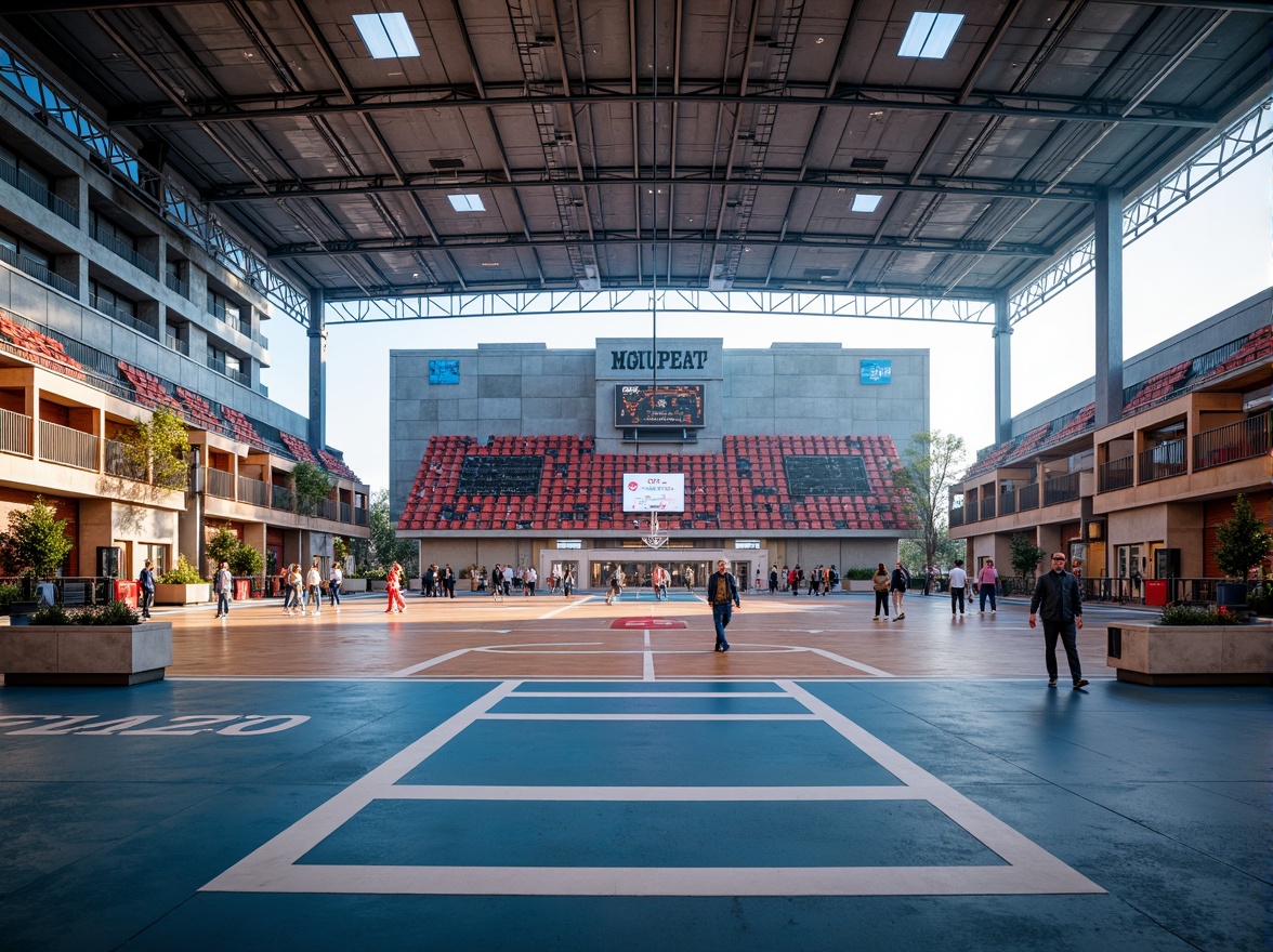 Prompt: Modern sports complex, sleek metal structures, vibrant color schemes, dynamic lighting effects, rubberized flooring, professional-grade athletic equipment, tiered seating areas, electronic scoreboards, open-air ventilation systems, natural stone accents, minimalist design, functional layout, ample storage facilities, secure locker rooms, hydration stations, shaded outdoor spaces, misting systems, panoramic views, realistic textures, ambient occlusion.