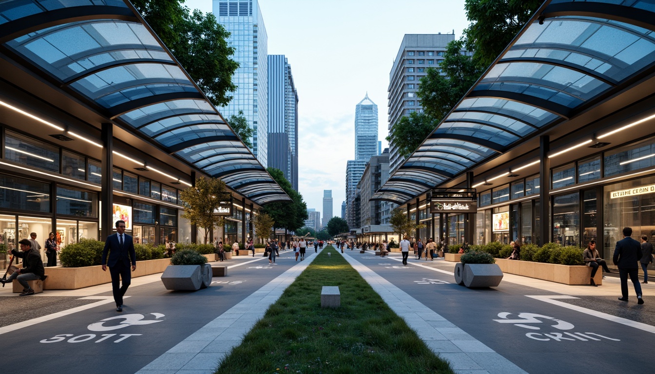 Prompt: Futuristic tram station, curved glass roofs, sleek metal frames, LED lighting systems, modern minimalist architecture, cantilevered platforms, translucent flooring, glowing wayfinding signs, ambient occlusion, shallow depth of field, 3/4 composition, panoramic view, vibrant cityscape, busy urban atmosphere, innovative solar panels, green roofs, eco-friendly materials, sustainable energy solutions, futuristic tram designs, dynamic digital displays, real-time information systems, comfortable seating areas, natural ventilation systems, soft warm lighting.