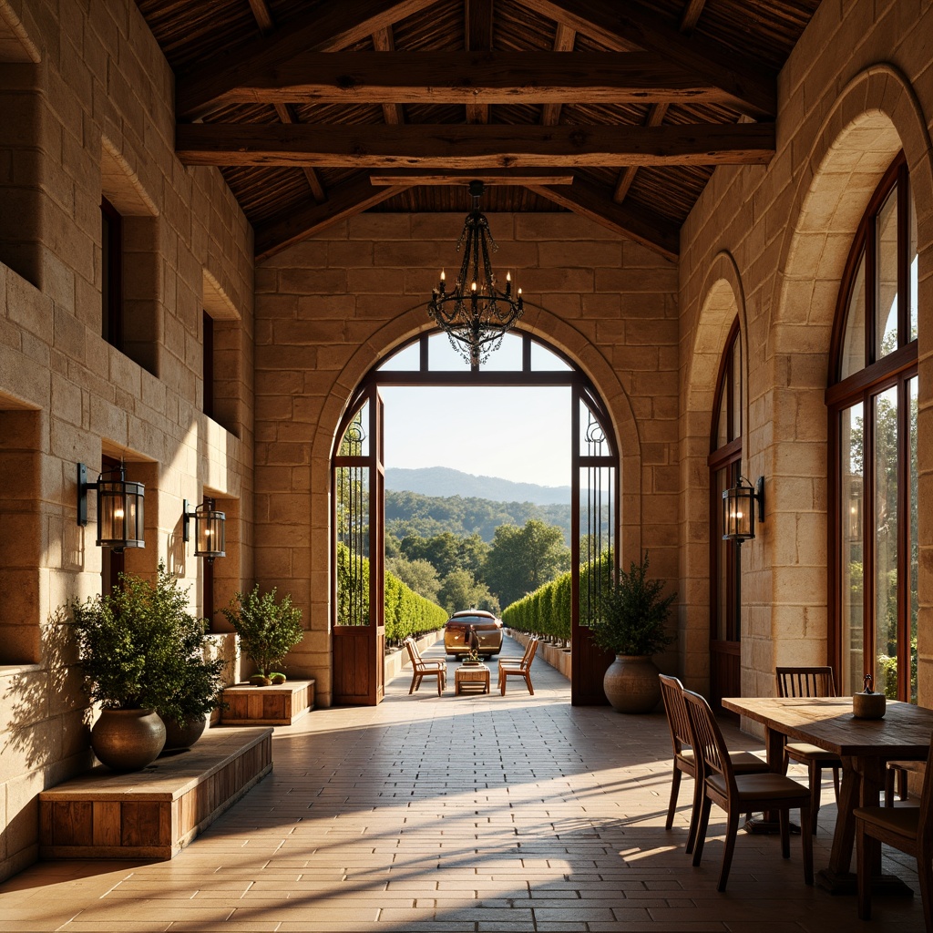 Prompt: Rustic winery, Renaissance-inspired architecture, curved stone archways, ornate wooden doors, decorative ironwork, grand chandeliers, high ceilings, exposed wooden beams, terracotta roof tiles, lush vineyards, rolling hills, Tuscany landscape, warm golden lighting, soft focus, 1/2 composition, symmetrical framing, detailed textures, ambient occlusion.