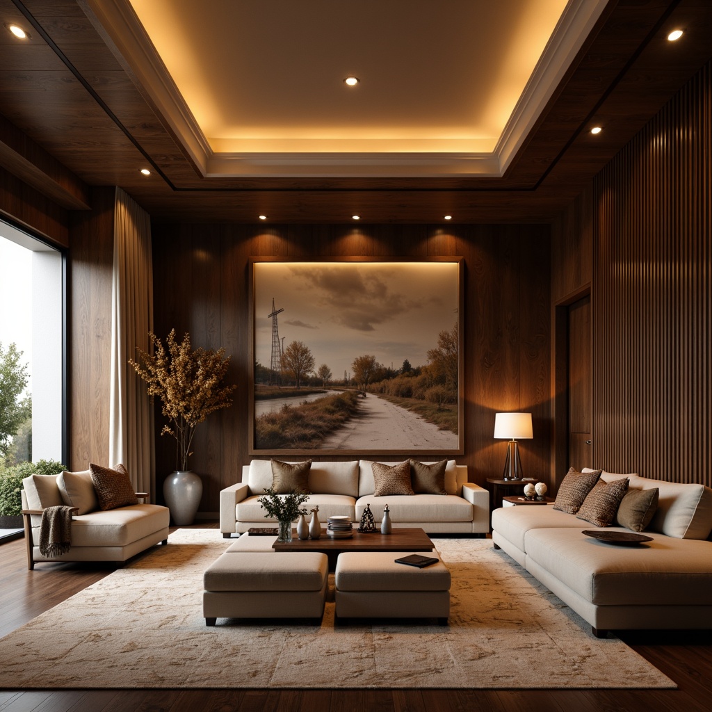 Prompt: Rich chocolate tones, warm beige accents, creamy whites, deep walnut woods, velvety smooth textures, luxurious golden lighting, opulent interior design, sophisticated modern furniture, lavish ornate details, indulgent atmosphere, intimate cozy spaces, soft focus photography, shallow depth of field, 1/2 composition.