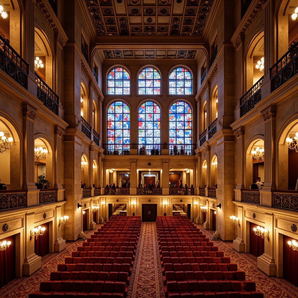 Prompt: Grand theater facade, ornate columns, intricately carved stonework, vibrant colored glass panels, stained glass windows, arched entrances, imposing stone walls, classical pediments, decorative cornices, grandiose staircases, opulent chandeliers, richly patterned carpets, luxurious velvet curtains, warm golden lighting, shallow depth of field, 2/3 composition, symmetrical framing, realistic textures, ambient occlusion.