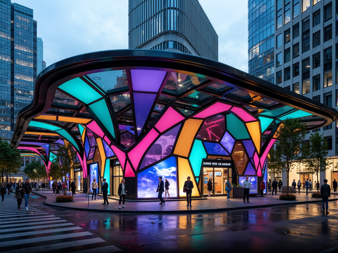 Prompt: Vibrant bus station, bold angular lines, curved futuristic shapes, bright neon lights, dynamic color patterns, abstract geometric forms, intricate metallic details, large transparent windows, sleek cantilevered roofs, urban cityscape background, bustling street scene, rainy day atmosphere, dramatic high-contrast lighting, shallow depth of field, 1/2 composition, realistic reflections, ambient occlusion.