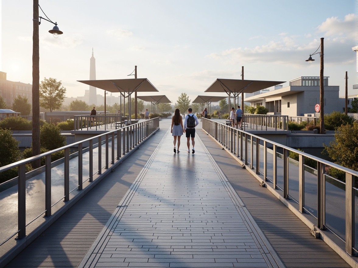 Prompt: Accessible pedestrian bridge, gentle slopes, wide walkways, sturdy handrails, tactile pavement markings, audio signals, wheelchair ramps, Braille signage, elevator access, comfortable seating areas, shade structures, wind protection, modern minimalist architecture, sleek metal materials, transparent glass railings, warm natural lighting, soft ambient sounds, 1/1 composition, symmetrical view, realistic reflections, subtle fog effects.