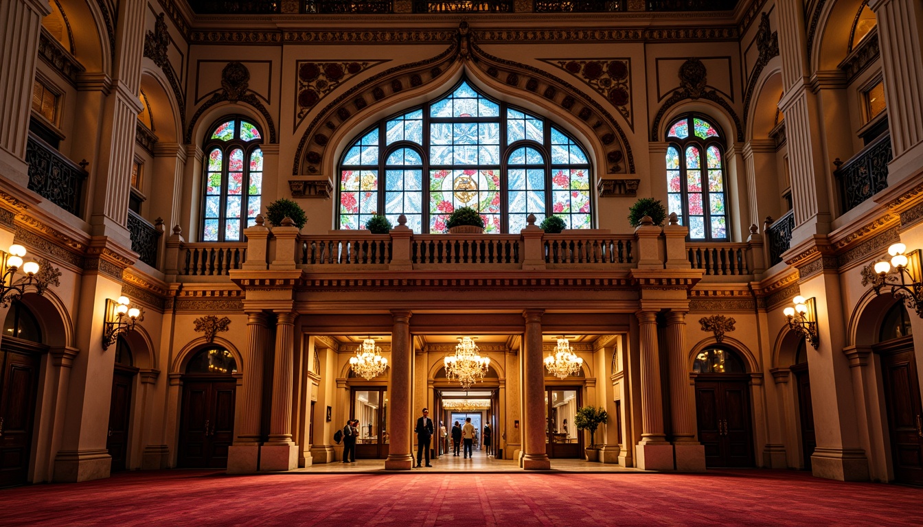 Prompt: Ornate theater facade, academic architectural style, grand entrance, colored glass windows, stained glass patterns, intricate stone carvings, ornamental metal details, majestic columns, arched doorways, vibrant red carpet, luxurious chandeliers, warm soft lighting, shallow depth of field, 1/1 composition, realistic textures, ambient occlusion.