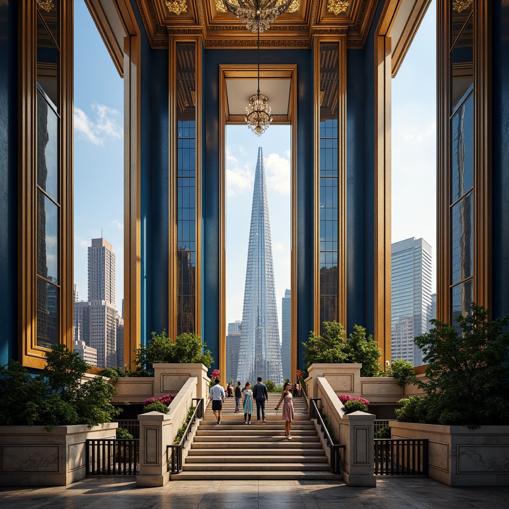 Prompt: Majestic skyscraper, Prussian blue fa\u00e7ade, gold accents, ornate details, Art Deco patterns, luxurious marble floors, grand staircase, high ceilings, dramatic chandeliers, vibrant cityscape, bustling streets, urban jungle, warm sunny day, soft focus, atmospheric perspective, cinematic lighting, 1/2 composition, realistic reflections, detailed textures.