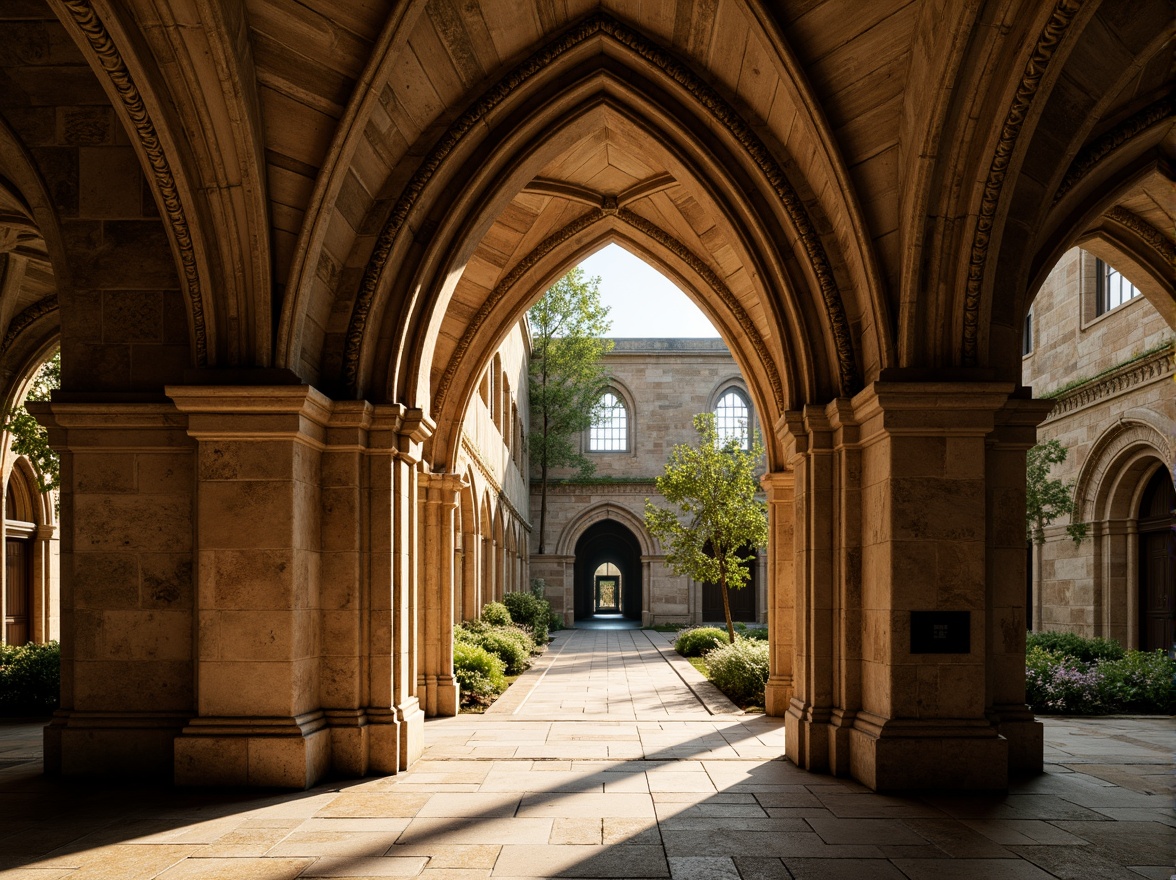 Prompt: Rustic stone arches, ornate carvings, Gothic-inspired ribbed vaults, grand entranceways, imposing columns, richly textured stonework, earthy tones, moss-covered walls, serene cloisters, peaceful courtyards, intricate capitals, medieval ambiance, warm golden lighting, soft focus, shallow depth of field, 1/2 composition, symmetrical framing, atmospheric perspective.