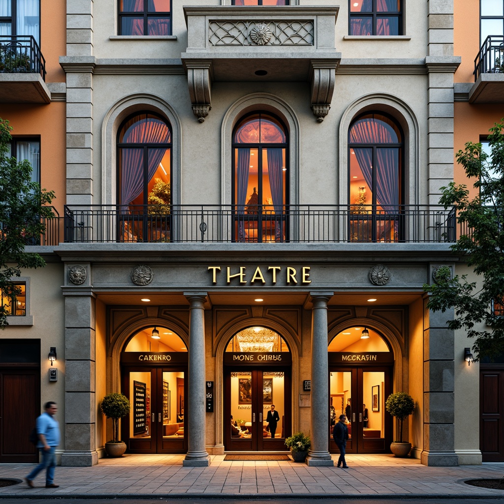 Prompt: \Vibrant theater facade, academic architectural style, colored glass windows, ornate metal frames, grand entrance, dramatic arches, intricate stone carvings, majestic columns, decorative balconies, richly textured stucco, warm golden lighting, soft shadows, 1/1 composition, symmetrical balance, realistic reflections, ambient occlusion.\