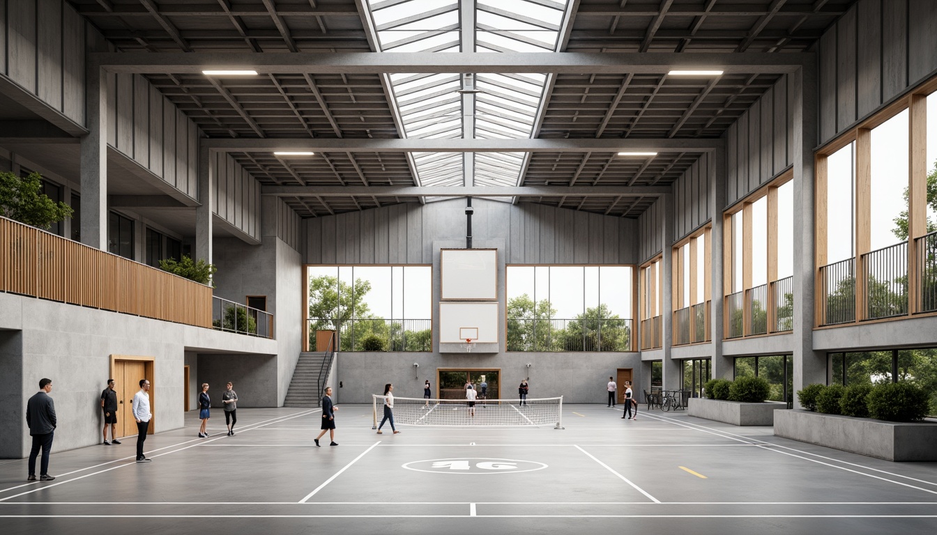 Prompt: Modern gymnasium, international style architecture, clean lines, minimal ornamentation, functional design, rectangular forms, flat roofs, large windows, glass fa\u00e7ades, steel frames, concrete structures, open spaces, athletic tracks, basketball courts, volleyball nets, sports equipment, sleek flooring, wooden accents, natural light, high ceilings, neutral color palette, subtle textures, ambient lighting, shallow depth of field, 3/4 composition, realistic render.