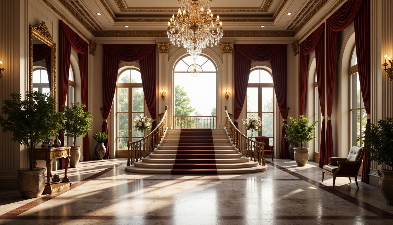 Prompt: Luxurious mansion, grand entrance hall, sweeping staircase, crystal chandelier, marble floors, ornate moldings, lavish furnishings, velvet drapes, regal throne-like chairs, golden accents, intricate carvings, stately columns, arched windows, soft warm lighting, shallow depth of field, 3/4 composition, panoramic view, realistic textures, ambient occlusion.