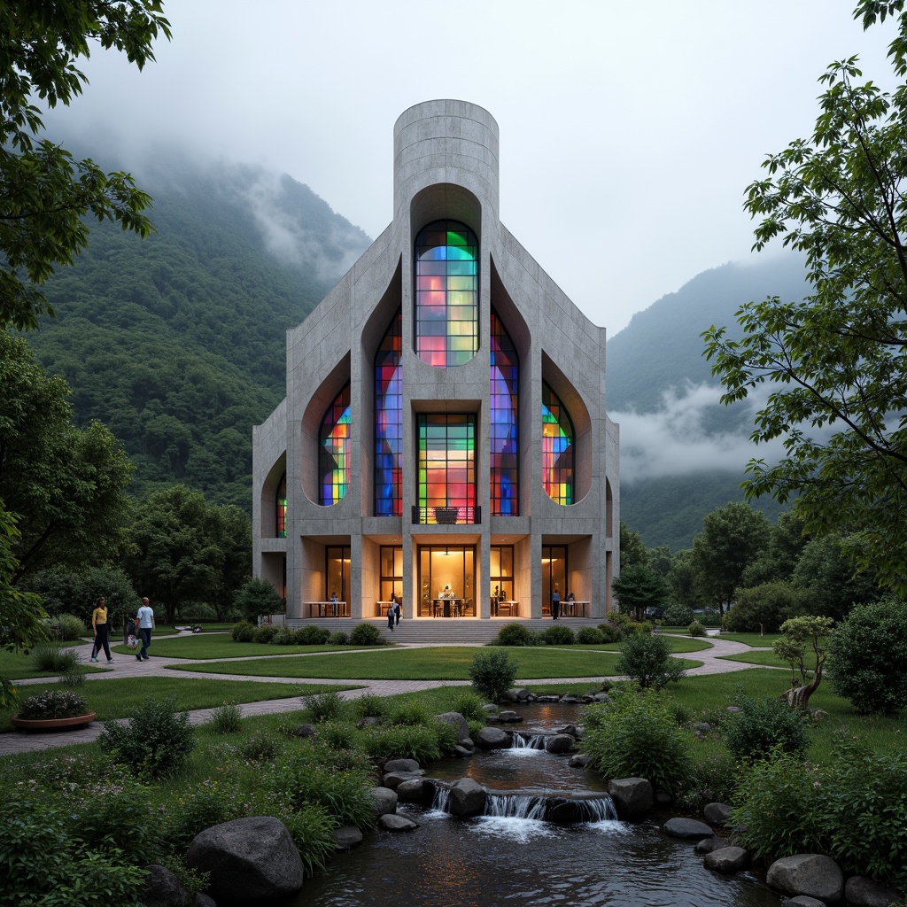 Prompt: Ethereal postmodern church, curved lines, irregular shapes, vibrant stained glass windows, natural stone fa\u00e7ade, lush greenery integration, rolling hills, serene lake views, walking trails, rustic benches, meandering streams, waterfall features, misty atmosphere, soft warm lighting, dramatic shadows, 3/4 composition, panoramic view, realistic textures, ambient occlusion.