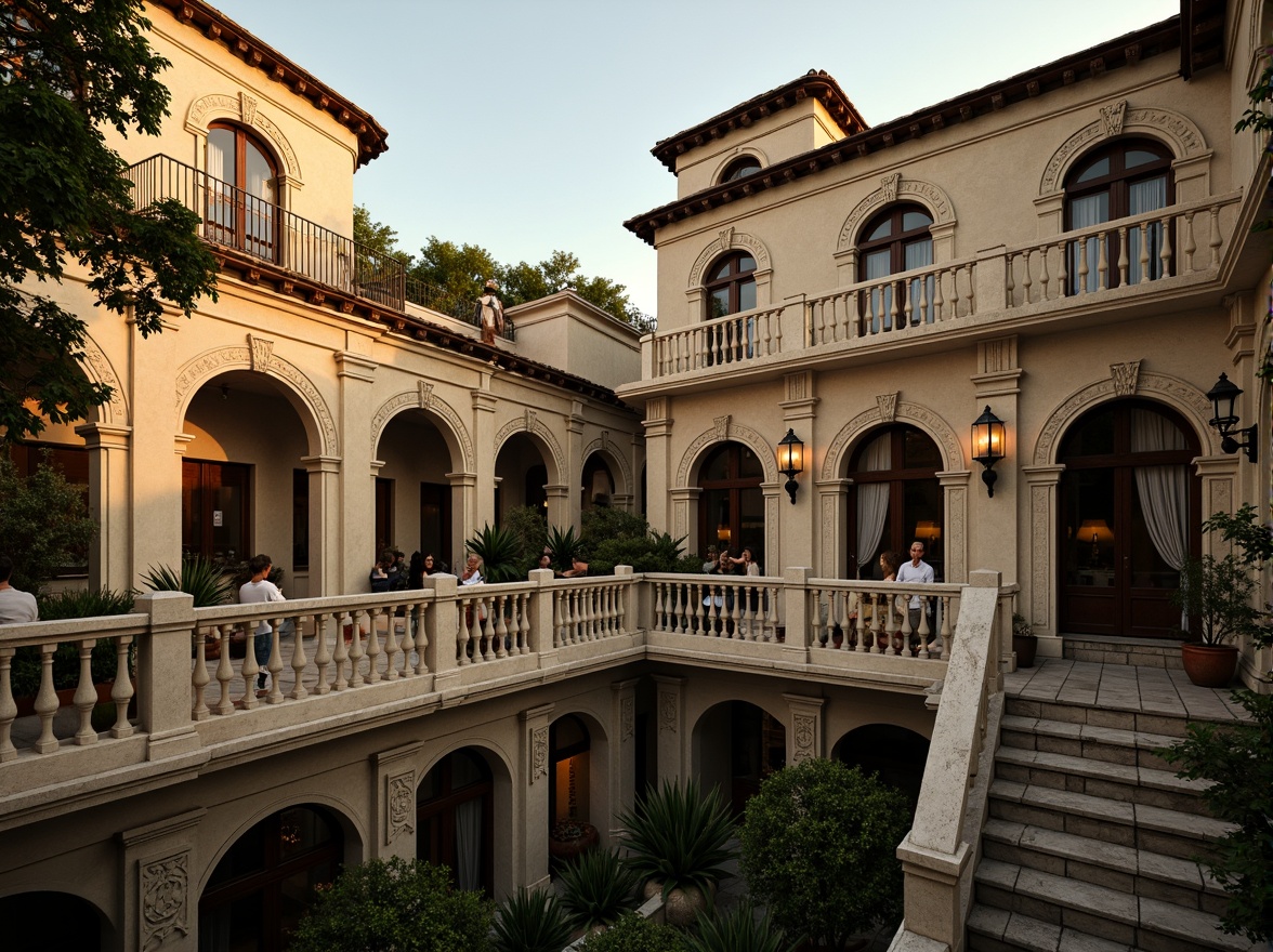 Prompt: Ornate Renaissance-style building, grand balcony with intricately carved stone balustrades, ornamental metal railings, majestic columns, arched windows, rustic stonework, terracotta roofs, lush greenery, flowing drapery, warm golden lighting, soft focus, 1/1 composition, romantic atmosphere, vintage textures, subtle ambient occlusion.