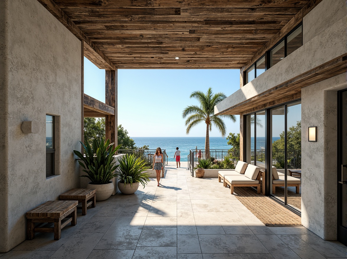 Prompt: Weathered wood accents, driftwood benches, ocean-inspired color palette, sea-salt-eroded concrete, coral-patterned tiles, nautical rope details, rustic metal frames, glass railings with ocean views, tropical plant species, reclaimed wooden decks, beachy stucco facades, marine-grade stainless steel fixtures, soft ocean breeze, natural light diffusion, 1/1 composition, atmospheric perspective, realistic water effects.