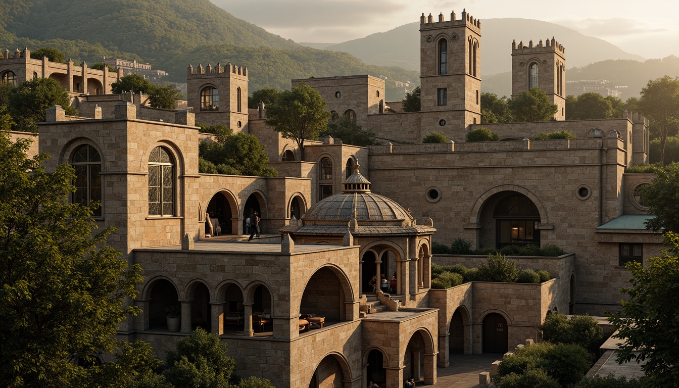 Prompt: Intricate arches, Romanesque style buildings, rustic stone walls, ornate carvings, grand entranceways, ribbed vaults, rounded columns, stained glass windows, warm earthy tones, moss-covered roofs, lush greenery, surrounding hills, misty morning light, soft warm glow, high-angle shot, 1/2 composition, detailed textures, ambient occlusion.Please let me know if this meets your requirements!