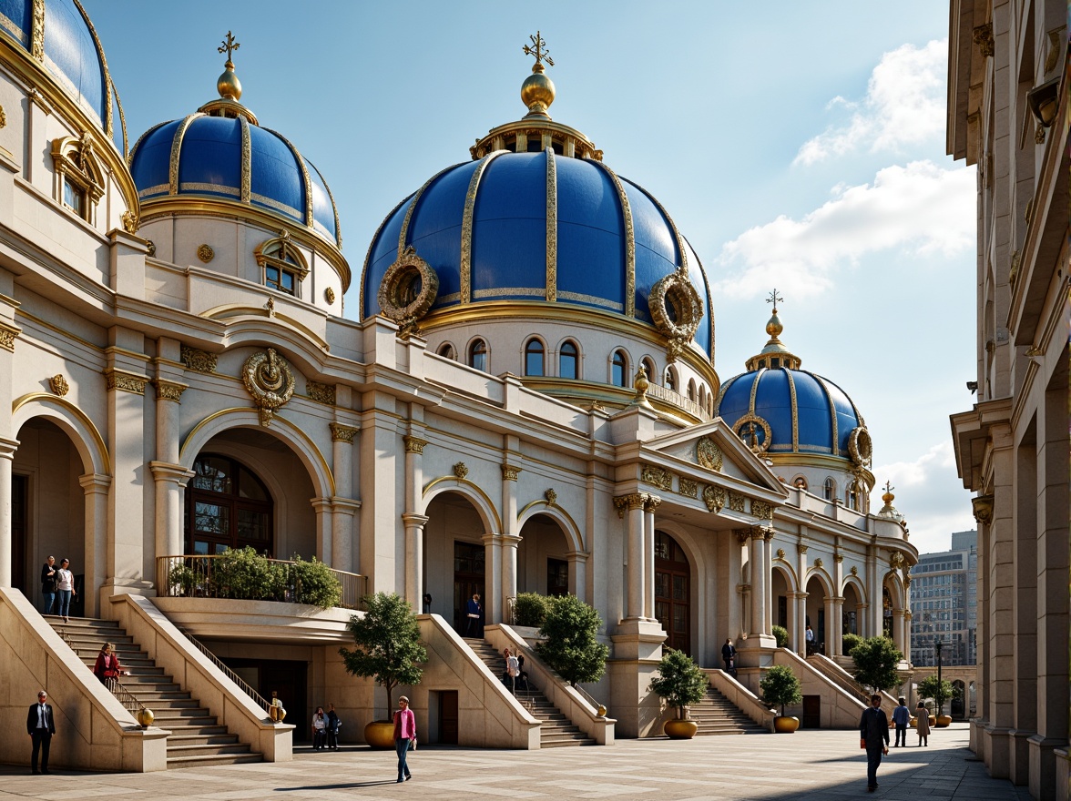 Prompt: Majestic Prussian blue domes, golden accents, ornate details, intricate stone carvings, grand entrance archways, regal staircases, lavish chandeliers, opulent furnishings, majestic columns, symmetrical facades, dramatic lighting effects, warm sunny day, shallow depth of field, 1/1 composition, realistic textures, ambient occlusion.