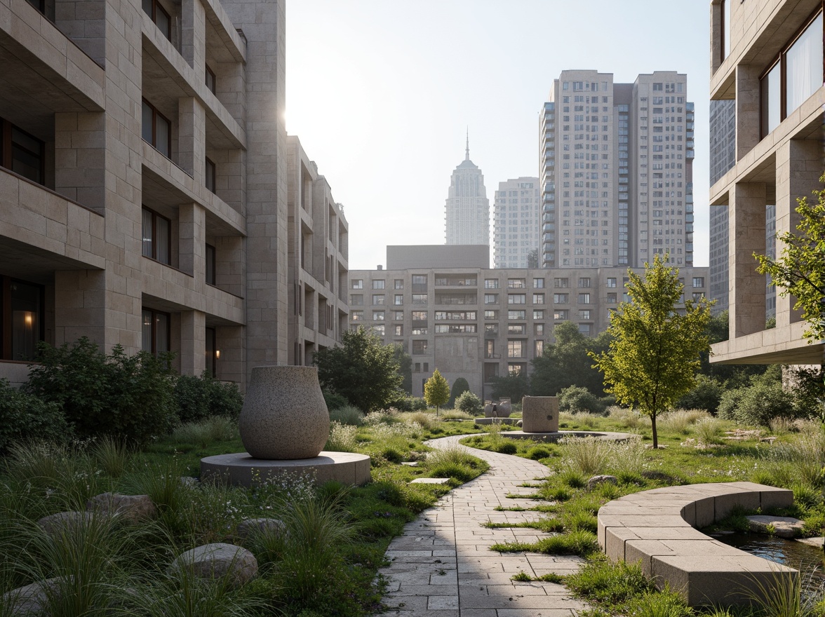 Prompt: Rugged brutalist buildings, industrial landscapes, raw concrete textures, exposed ductwork, fortress-like structures, urban cityscape, modern art installations, abstract sculptures, fragmented stone pathways, overgrown vegetation, wildflower meadows, weathered steel benches, minimalist lighting, dramatic shadows, high-contrast photography, 2/3 composition, gritty urban atmosphere, distressed wood accents, poured concrete planters, architectural columnar trees.