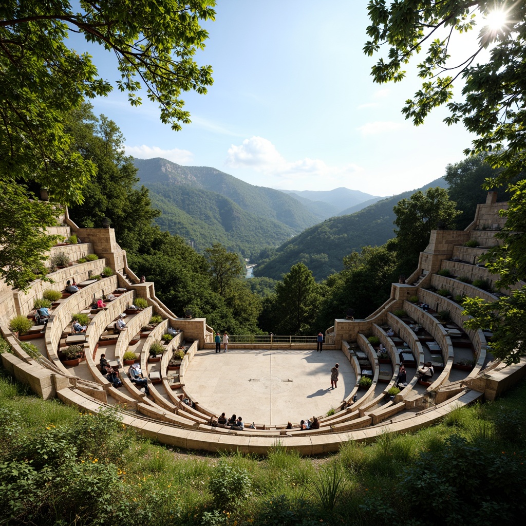 Prompt: Natural amphitheater setting, lush green hills, tiered seating, stone walls, wooden benches, scenic vistas, panoramic views, warm sunny day, soft natural lighting, shallow depth of field, 3/4 composition, symmetrical architecture, curved lines, harmonious integration with landscape, native plant species, meandering pathways, rustic metal railings, earthy color palette, organic textures, ambient occlusion.