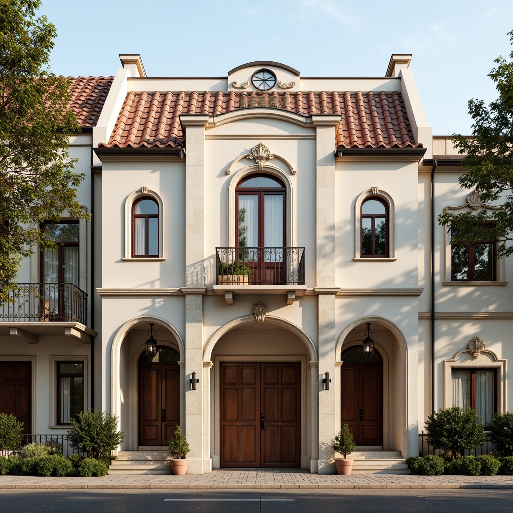 Prompt: Elegant social housing complex, classicist facade design, symmetrical composition, ornate decorations, Corinthian columns, grand entrance archways, rusticated stone walls, soft cream-colored stucco, pitched roofs, terra cotta tiles, decorative cornices, wrought iron balconies, elegant window frames, subtle color palette, natural light, 1/2 composition, shallow depth of field, warm afternoon sunlight, realistic textures, ambient occlusion.