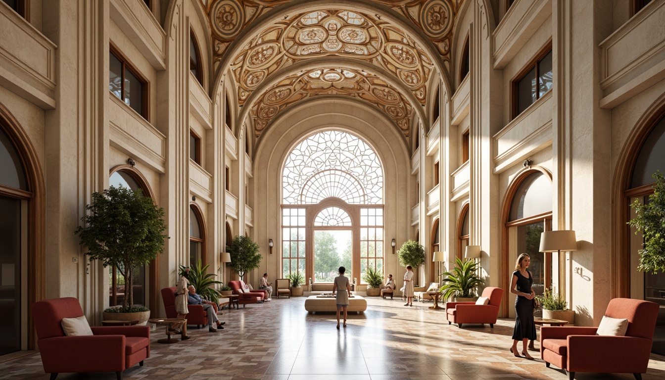 Prompt: Intricate ornate facades, sinuous lines, flowing curves, organic forms, botanical motifs, floral patterns, stained glass windows, ornate metalwork, grand entranceways, sweeping arches, asymmetrical compositions, pastel color schemes, soft warm lighting, shallow depth of field, 1/2 composition, realistic textures, ambient occlusion, luxurious interior spaces, opulent furniture, velvet upholstery, polished wood accents, lavish decorative elements, elegant waiting areas, serene ambiance, calming atmosphere.