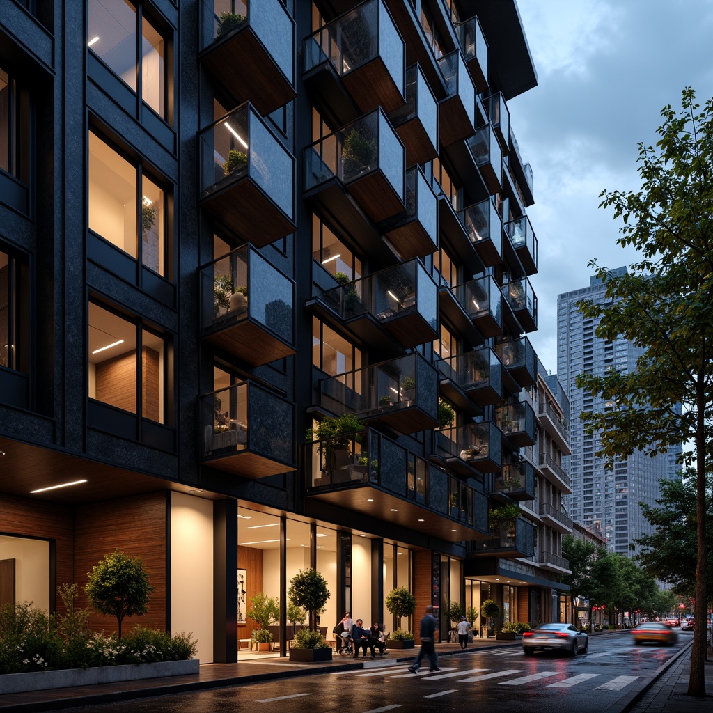 Prompt: Glossy black granite fa\u00e7ade, sleek metal frames, minimalist rectangular windows, bold cantilevered balconies, abstract geometric patterns, rich wood accents, luxurious marble textures, dramatic LED lighting, urban cityscape views, rainy evening atmosphere, shallow depth of field, 2/3 composition, cinematic mood, realistic reflections, ambient occlusion.