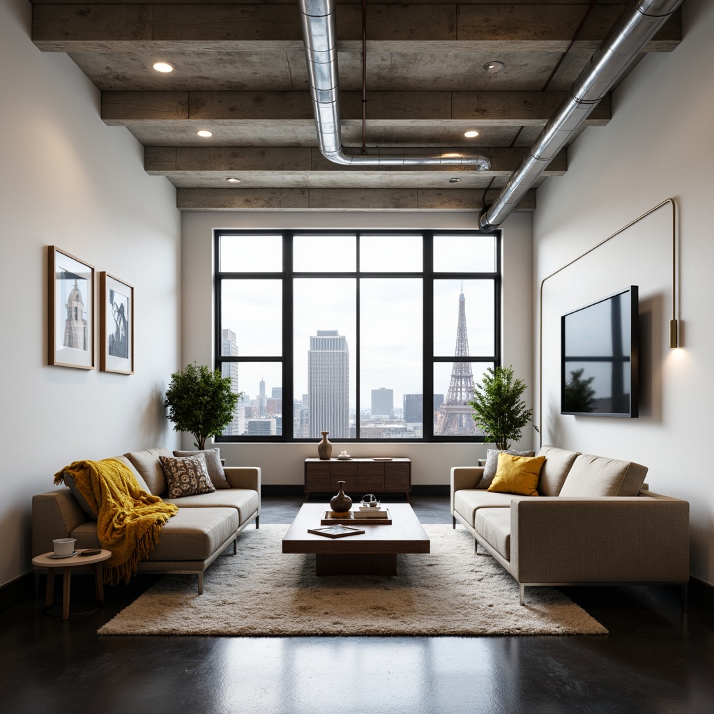 Prompt: Monochromatic loft interior, sleek modern furniture, polished chrome accents, matte black floors, creamy white walls, industrial concrete ceilings, floor-to-ceiling windows, urban cityscape views, soft warm lighting, shallow depth of field, 3/4 composition, realistic textures, ambient occlusion, neutral beige tones, rich walnut wood, deep charcoal grays, pops of bold citrus yellow, minimalist decor, Scandinavian-inspired design, cozy throw blankets, plush area rugs, functional storage spaces.