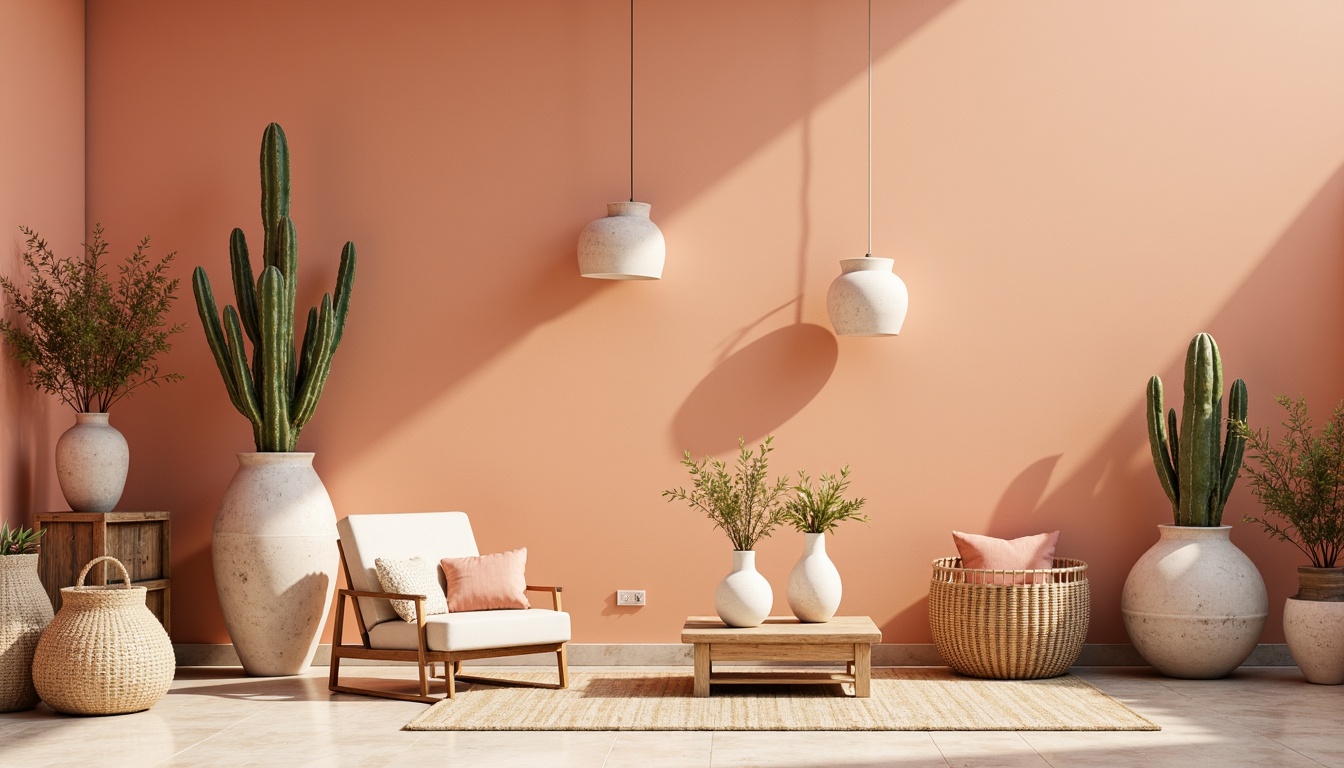 Prompt: Vibrant apricot hues, warm beige tones, soft peach undertones, rich terracotta accents, creamy whites, dusty rose pinks, muted sage greens, weathered wood textures, natural stone surfaces, earthy ceramic vases, woven rattan baskets, organic shapes, whimsical patterns, playful lighting, airy atmosphere, relaxed modern decor.