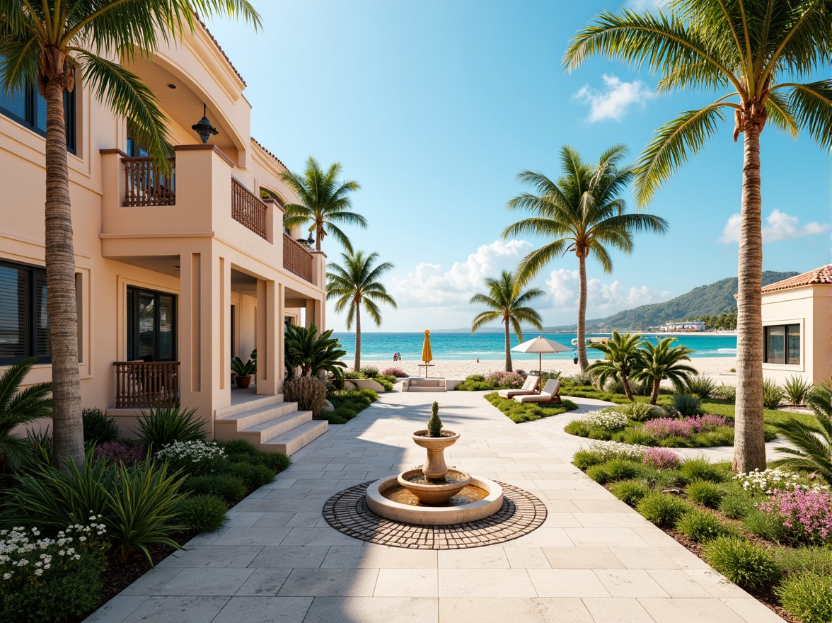 Prompt: Vibrant beachside villas, ornate facades, geometric patterns, metallic accents, curved lines, luxurious ornamentation, pastel color schemes, ornamental ironwork, tropical plants, palm trees, sandy dunes, turquoise ocean views, sunny day, soft warm lighting, shallow depth of field, 3/4 composition, panoramic view, realistic textures, ambient occlusion, beachside promenades, decorative fountains, elegant staircases, lavish interior designs.