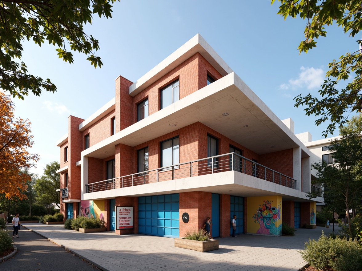 Prompt: Geometric middle school building, constructivist architecture style, red brick facade, white concrete accents, asymmetrical composition, bold color blocking, abstract mural paintings, steel beams, industrial windows, minimalist entrance, cantilevered rooflines, decorative metal railings, vibrant blue doors, playful typography signs, educational posters, lively courtyard, greenery planters, warm afternoon lighting, shallow depth of field, 1/2 composition, realistic textures, ambient occlusion.