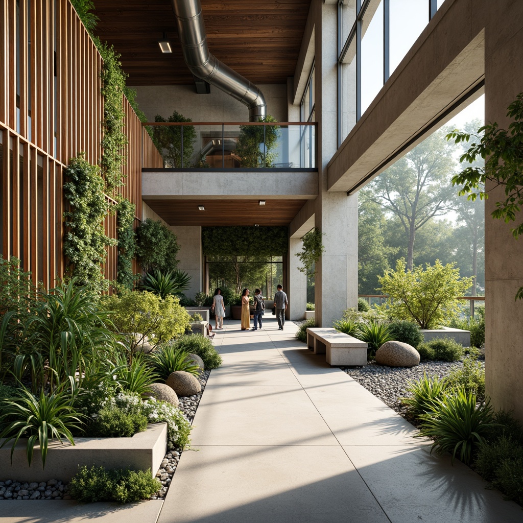 Prompt: Eco-friendly buildings, reclaimed wood accents, bamboo flooring, low-carbon concrete, recycled glass walls, solar panels, green roofs, living walls, urban gardens, natural ventilation systems, large windows, minimal ornamentation, simple lines, industrial chic aesthetic, exposed ductwork, polished concrete floors, bright airy atmosphere, soft natural lighting, 1/1 composition, shallow depth of field, realistic textures.