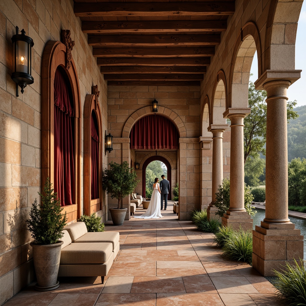 Prompt: Ancient Roman-inspired buildings, rustic stone walls, ornate archways, grandiose columns, intricately carved facades, vibrant terra cotta tiles, weathered bronze accents, luxurious velvet drapes, refined marble floors, ambient warm lighting, soft focus photography, 1/2 composition, romantic scenery, realistic textures, subtle depth of field.