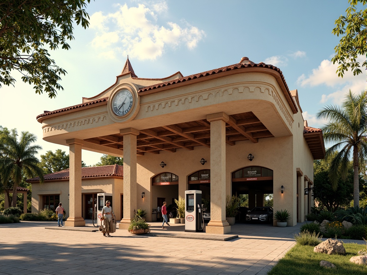 Prompt: Romanesque gas station, ornate rooflines, curved arches, rusticated stonework, decorative cornices, grand entranceways, sturdy columns, ornamental turrets, red terracotta roofing, Mediterranean-inspired fa\u00e7ade, warm beige stucco walls, vintage fuel pumps, retro-style signage, lush greenery, sun-drenched forecourt, warm afternoon light, shallow depth of field, 1/1 composition, realistic textures, ambient occlusion.