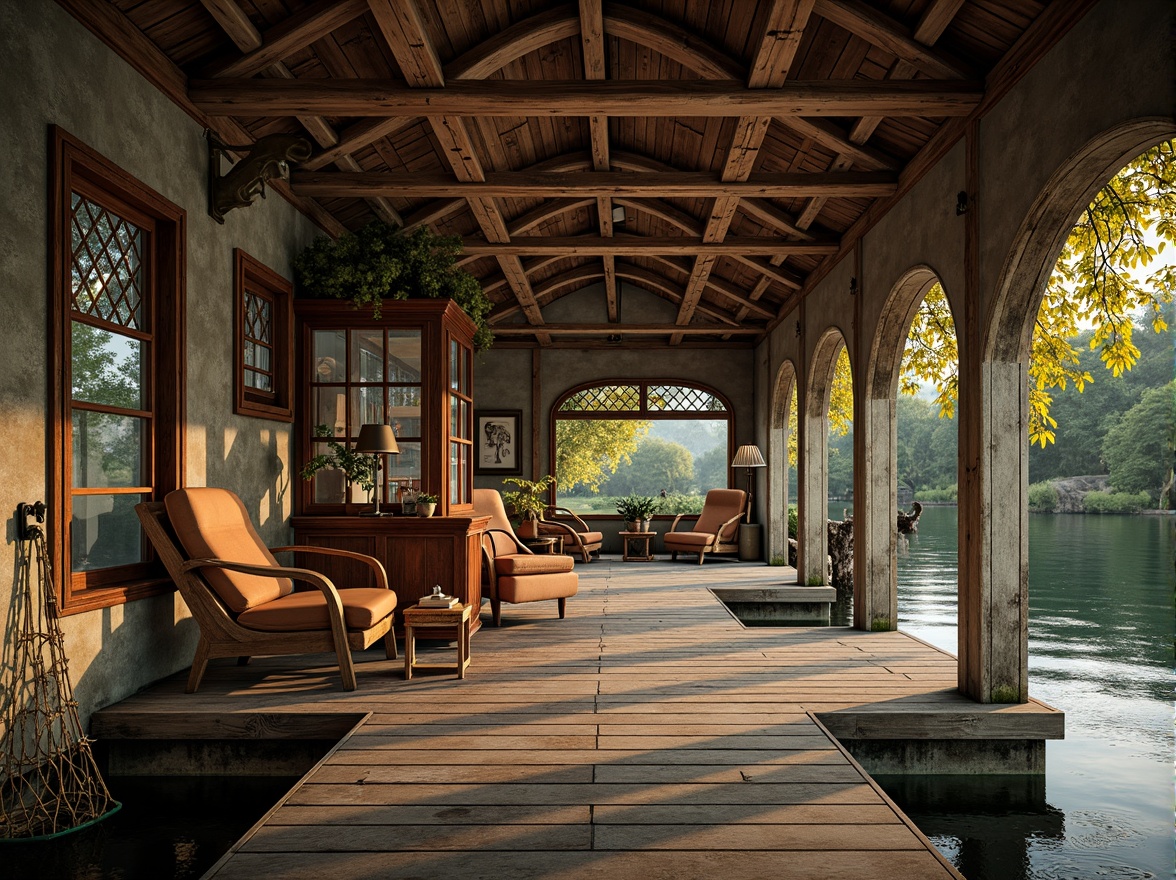 Prompt: Rustic boathouse, wooden dock, vintage nautical elements, distressed wood textures, earthy color palette, mossy greens, weathered blues, sandy neutrals, warm golden lighting, soft misty atmosphere, serene lake views, lush foliage surroundings, natural stone foundations, ornate metal accents, curved Romanesque arches, stained glass windows, cozy interior nooks, plush furnishings, vintage fishing nets, antique nautical instruments, soft water reflections, warm sunset glow, shallow depth of field, 1/1 composition, realistic wood grain textures.